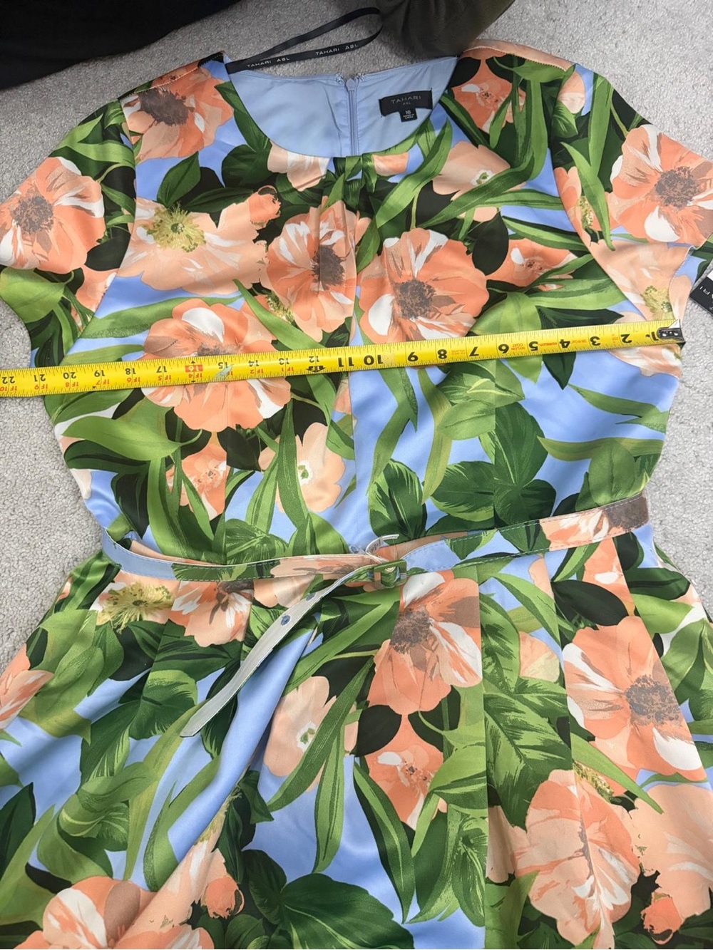 Tahari ASL Women's Green Floral Belted Pleated Short-Sleeve Fit & Flare Dress 16 - Picture 9 of 10